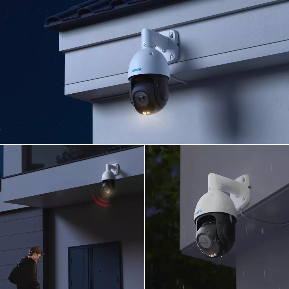 Überwachungskamera bei Nacht, Regen, mit Person und Warnsignal.