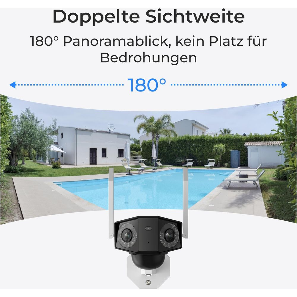 Überwachungskamera mit 180° Blick auf einen Pool und ein Haus.