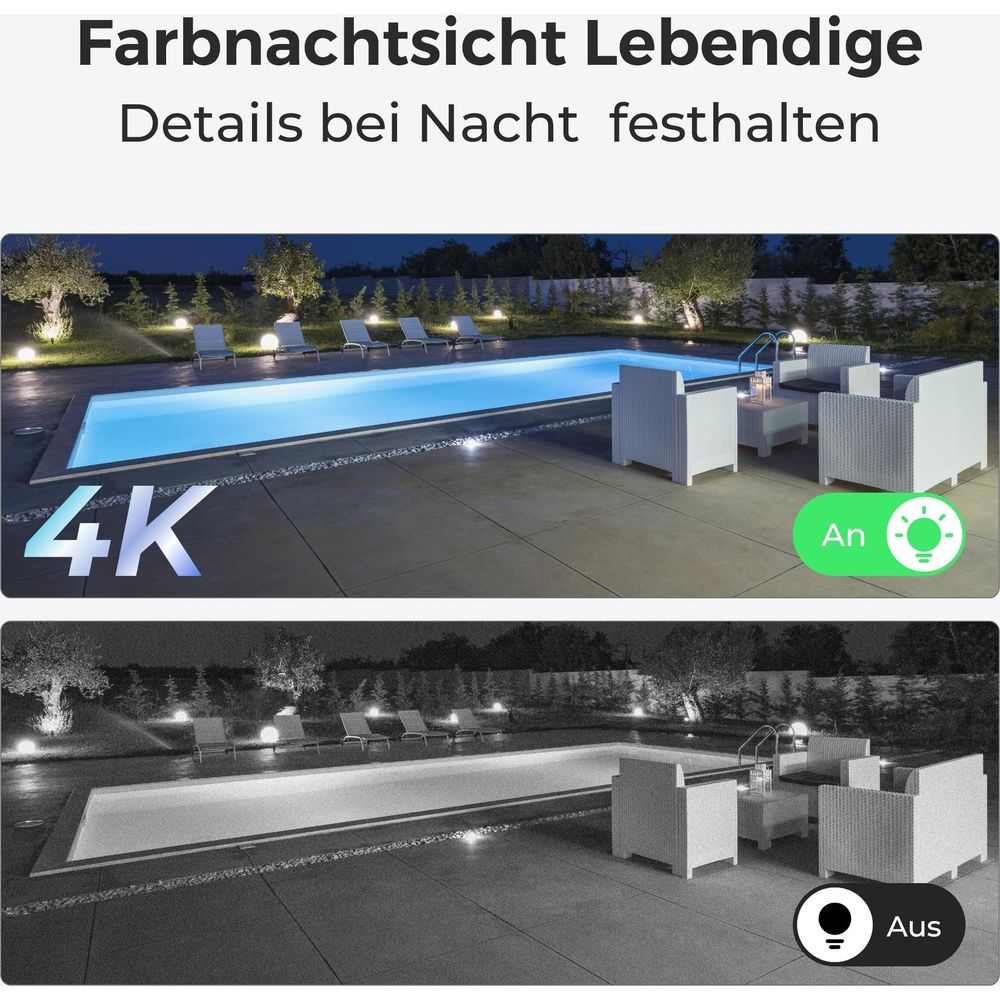 Farbige Nachtsicht: Ein Poolbereich bei Tag und Nacht mit 4K-Auflösung.