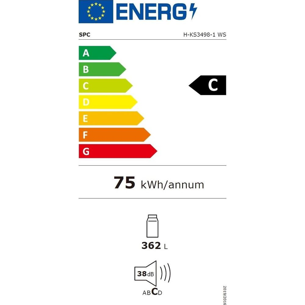Etichetta energetica classe C, 75 kWh/anno, 362 L, 38 dB.