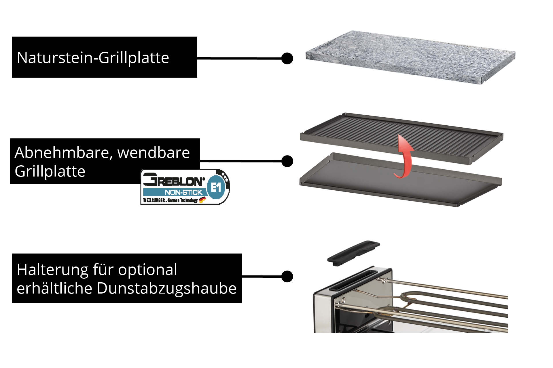 Trzy płyty grillowe i uchwyt na okap.