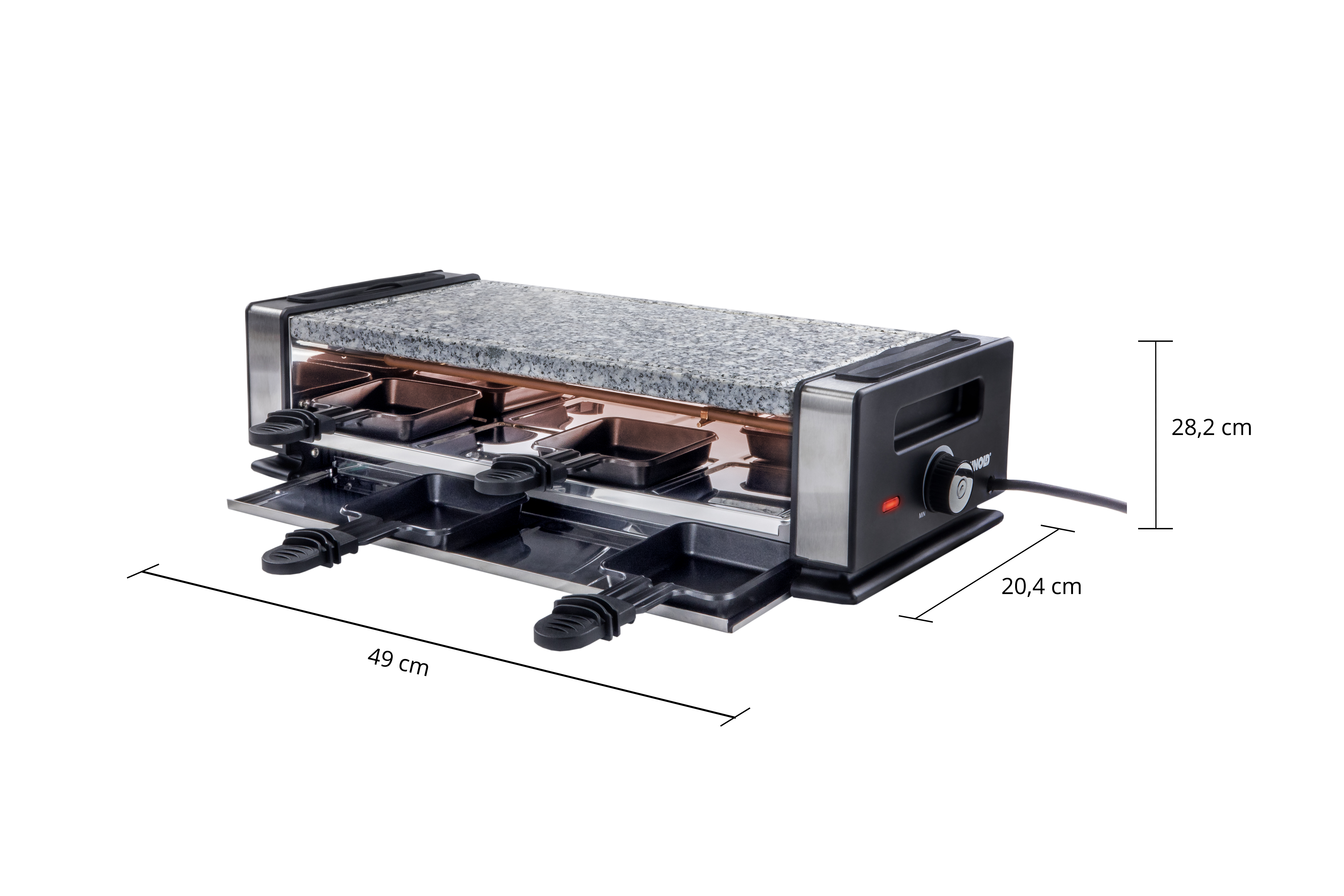 Ein Raclette-Grill mit Steinplatte, vier Pfannen und Maßen.