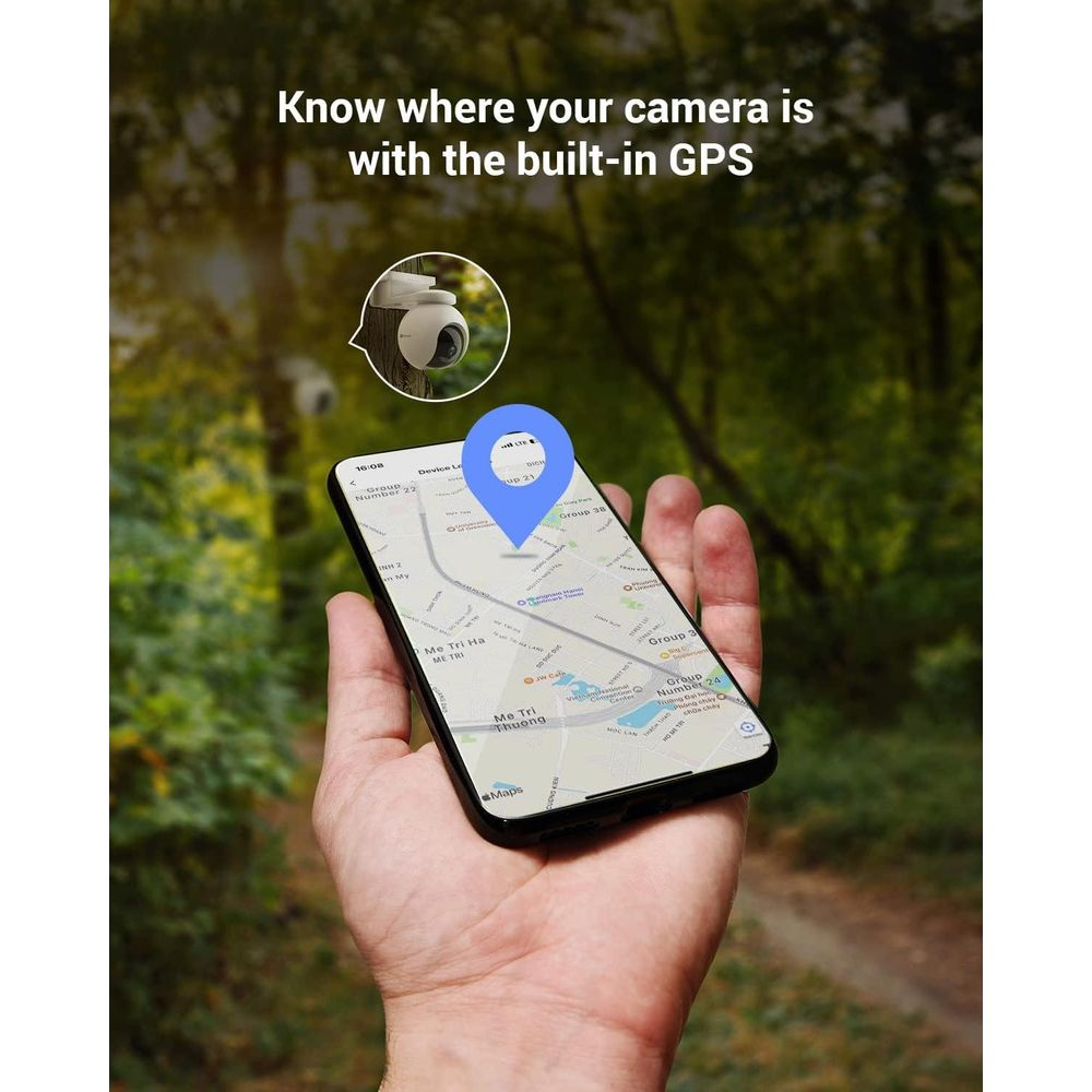 Dłoń trzyma telefon z mapą GPS i ikoną kamery. Tekst: Wiedz, gdzie jest Twoja kamera.
