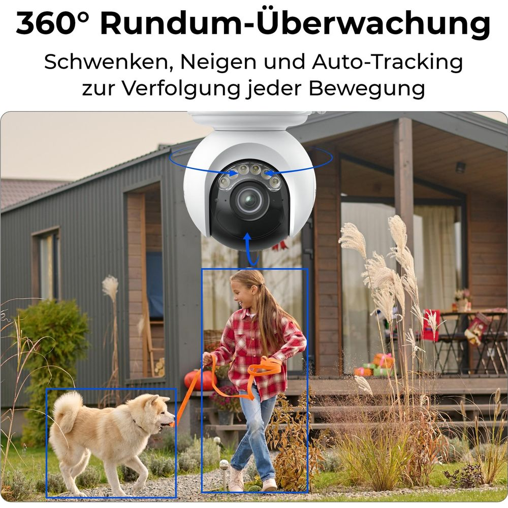 Una telecamera di sicurezza segue una bambina e un cane in giardino.