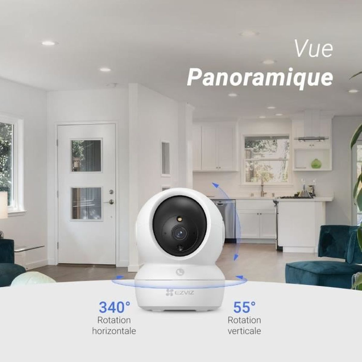 Biała kamera PTZ w nowoczesnym salonie z kuchnią.