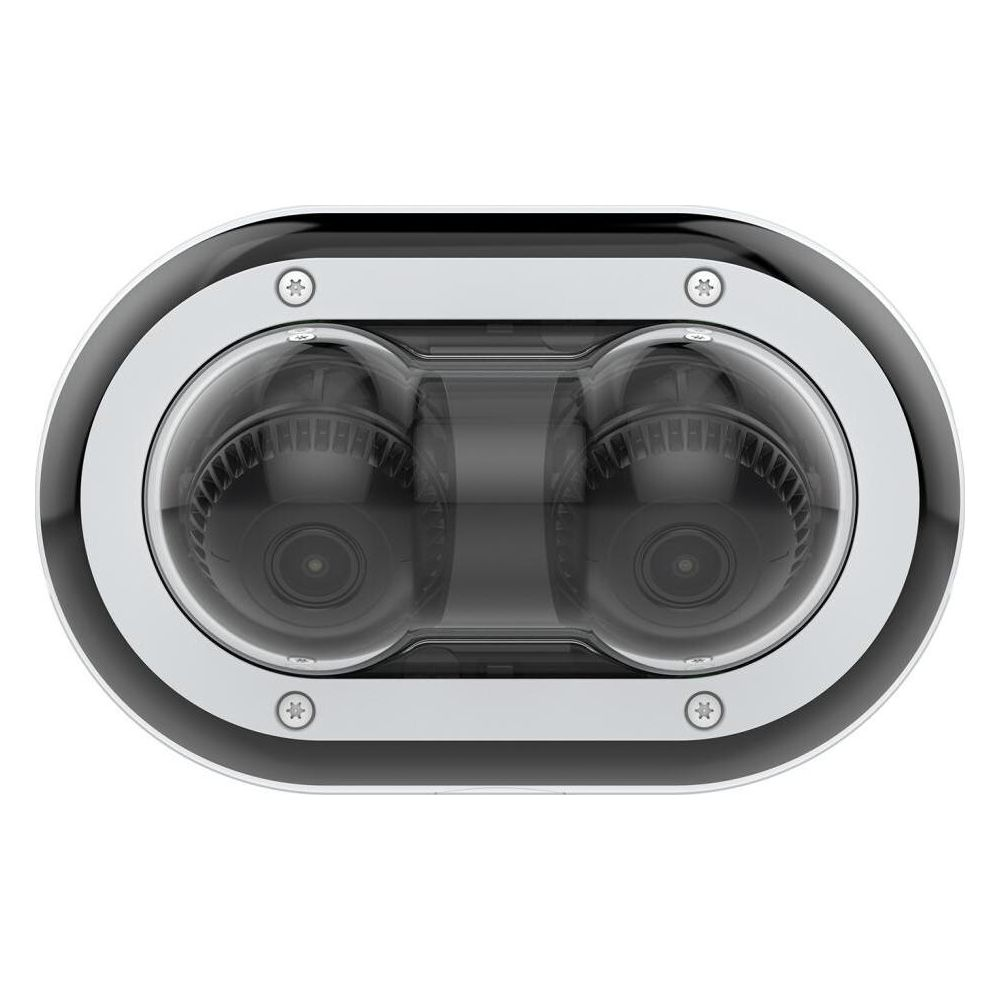 Owalna obudowa z dwoma obiektywami i srebrną ramką. Cztery śruby.