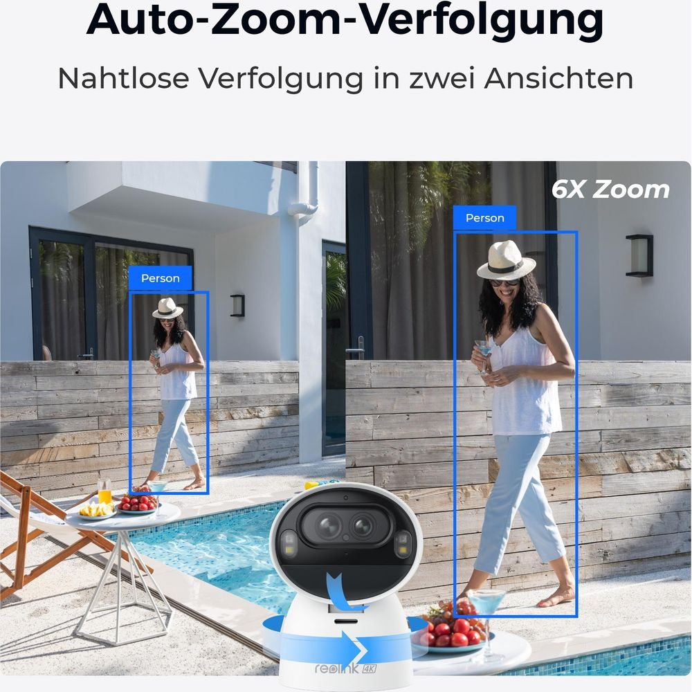 Frau mit Hut geht am Pool entlang; Kamera mit 6x Zoom.
