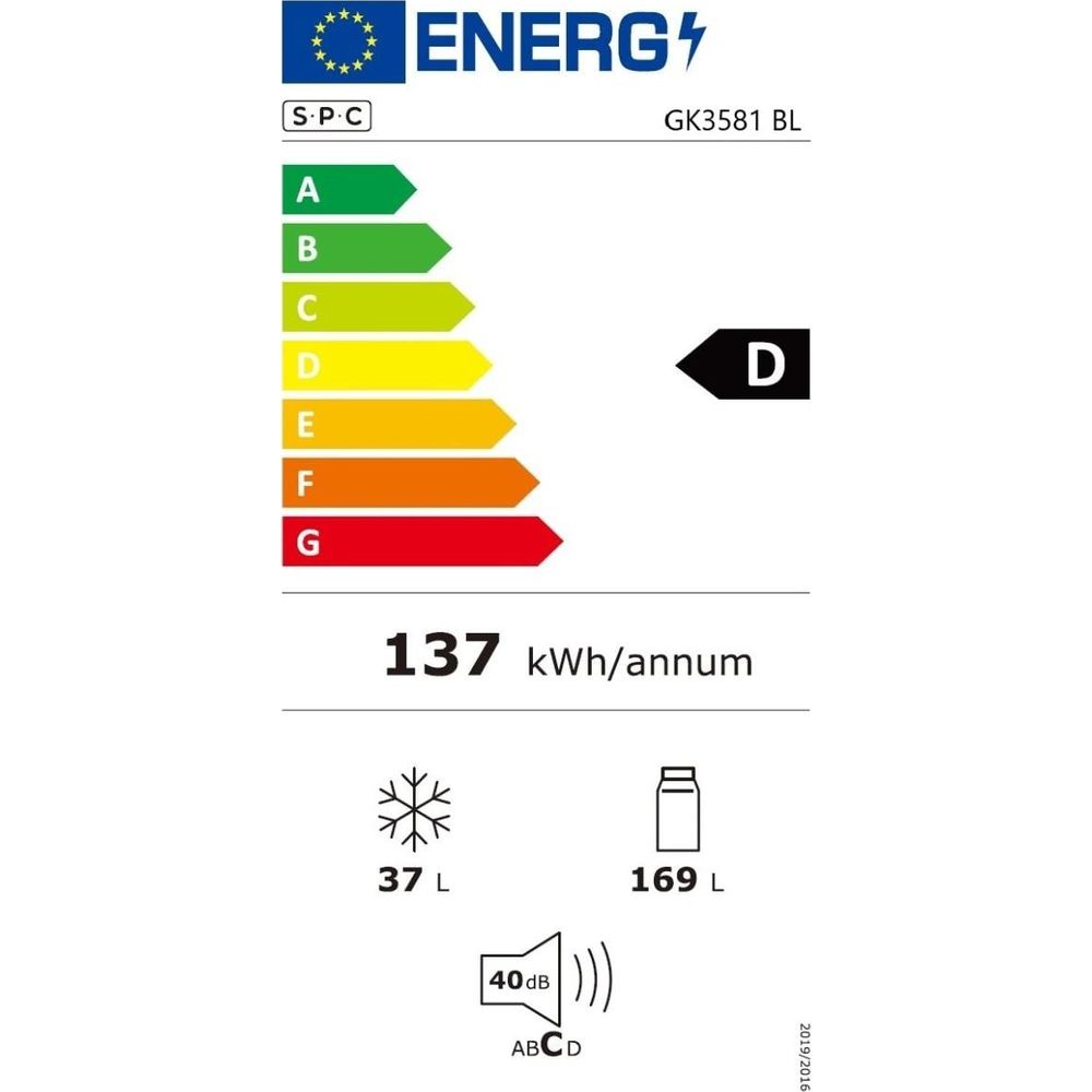 Etichetta energetica A-G, classe D, 137 kWh/anno, freezer 37L, frigo 169L, 40dB.