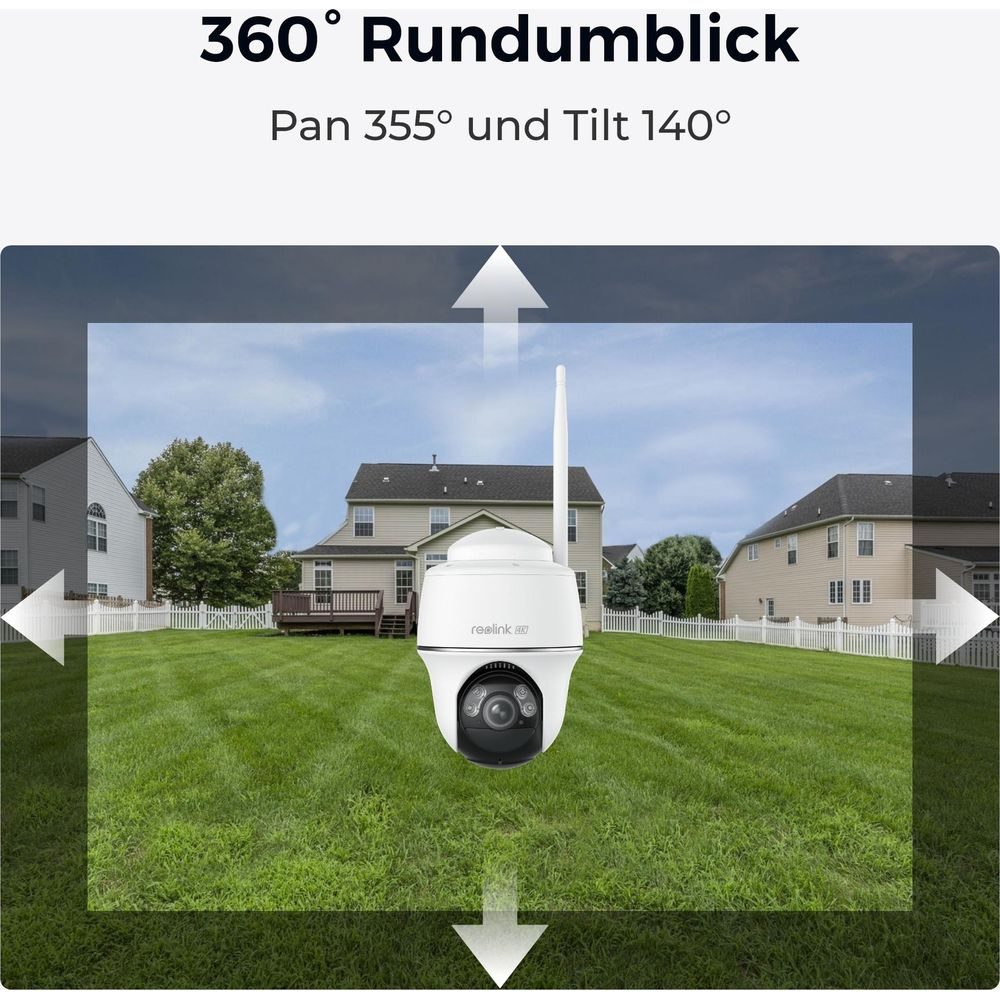 Biała kamera bezpieczeństwa z anteną na zielonym trawniku przed domami.