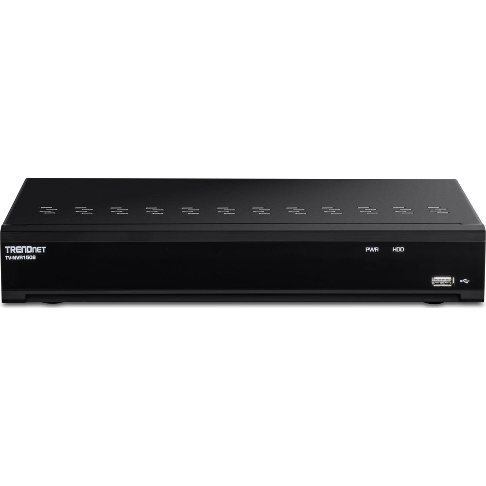 Schwarzer TRENDnet TV-NVR1508 mit PWR- und HDD-Anzeigen und USB-Anschluss.