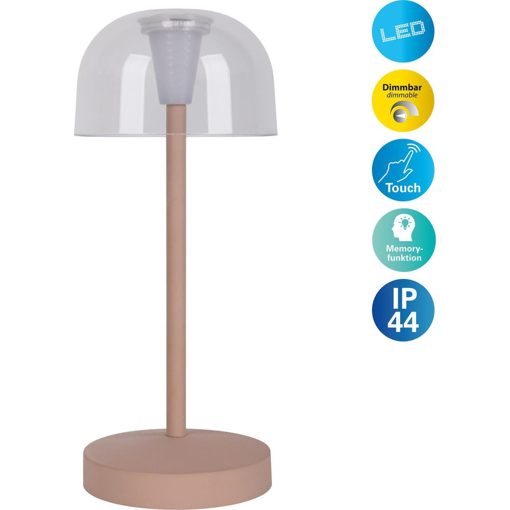 Una lampada rosa con paralume trasparente e icone LED.