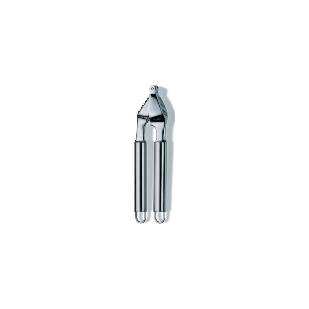 Ein glänzendes Metall-Knoblauchpresse mit zwei Griffen und einem Pressmechanismus.