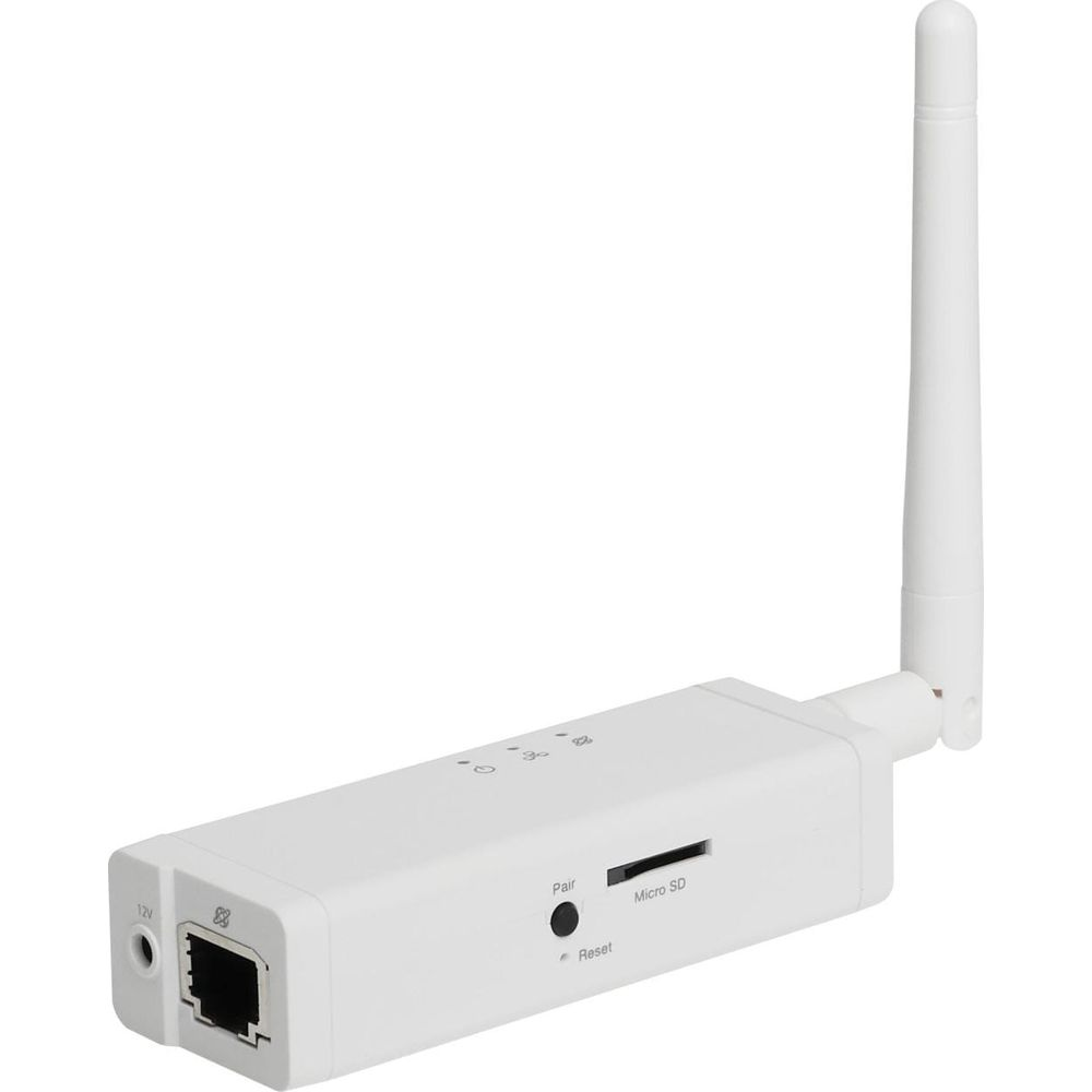 Biały router bezprzewodowy z anteną, portem RJ45, gniazdem Micro SD i przyciskiem reset.