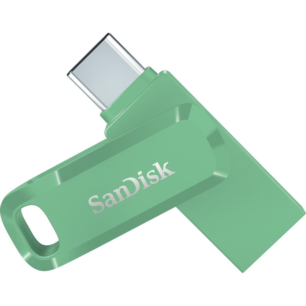 Grüner USB-Stick mit silbernem USB-C-Anschluss. Sandisk-Logo.