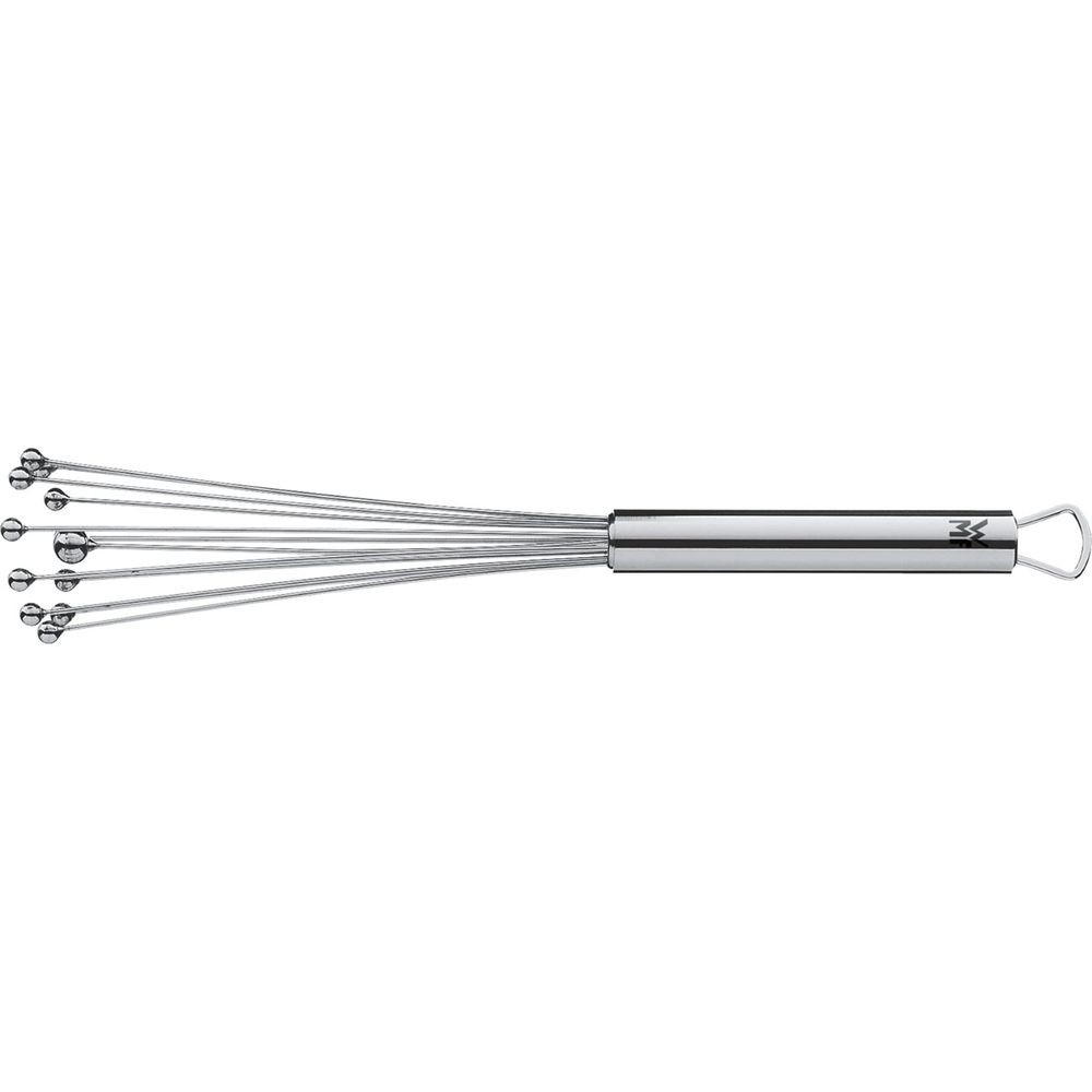 Srebrna trzepaczka z kulkami na końcach drucików.