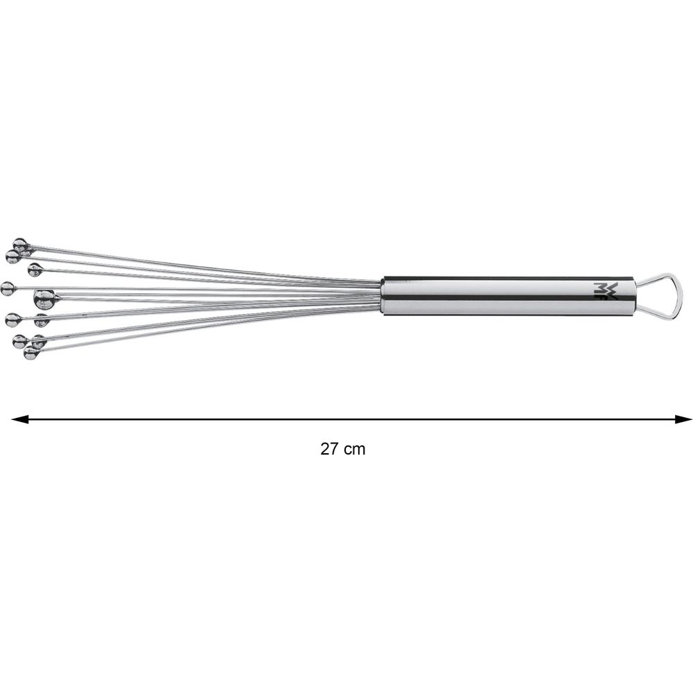 Trzepaczka o długości 27 cm z metalowym uchwytem i cienkimi drucikami.