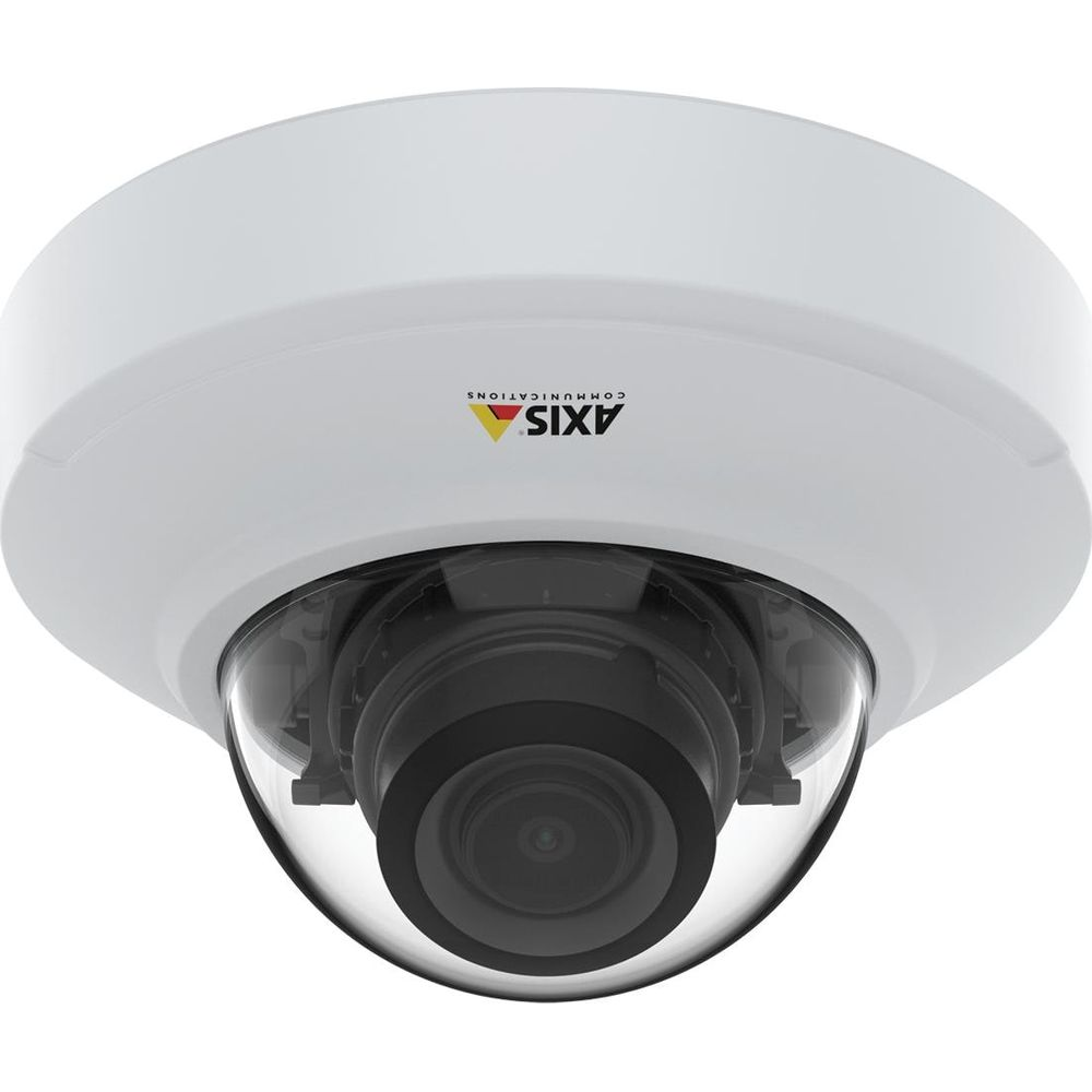 Biała kamera bezpieczeństwa z przezroczystą kopułą i logo Axis.