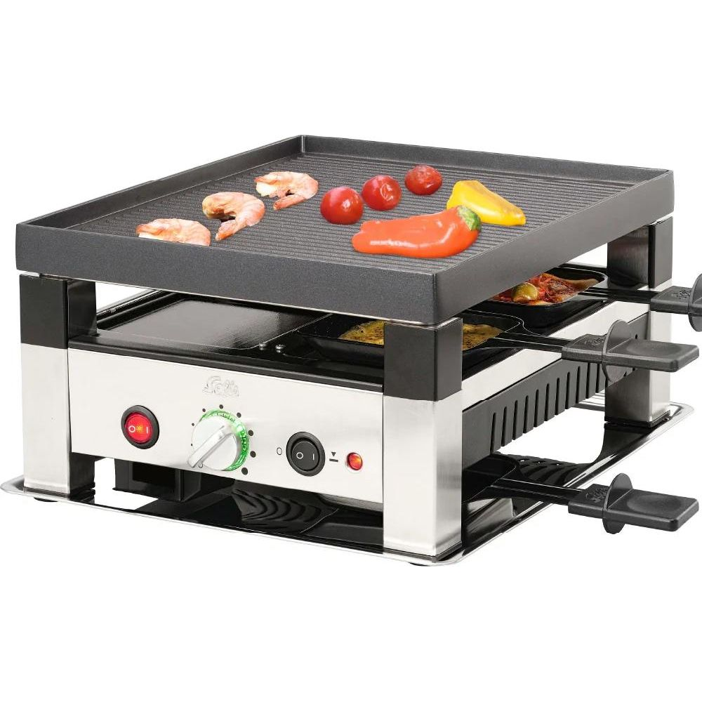 Ein Tischgrill mit Raclette-Pfännchen und Grillfläche, belegt mit Garnelen und Paprika.