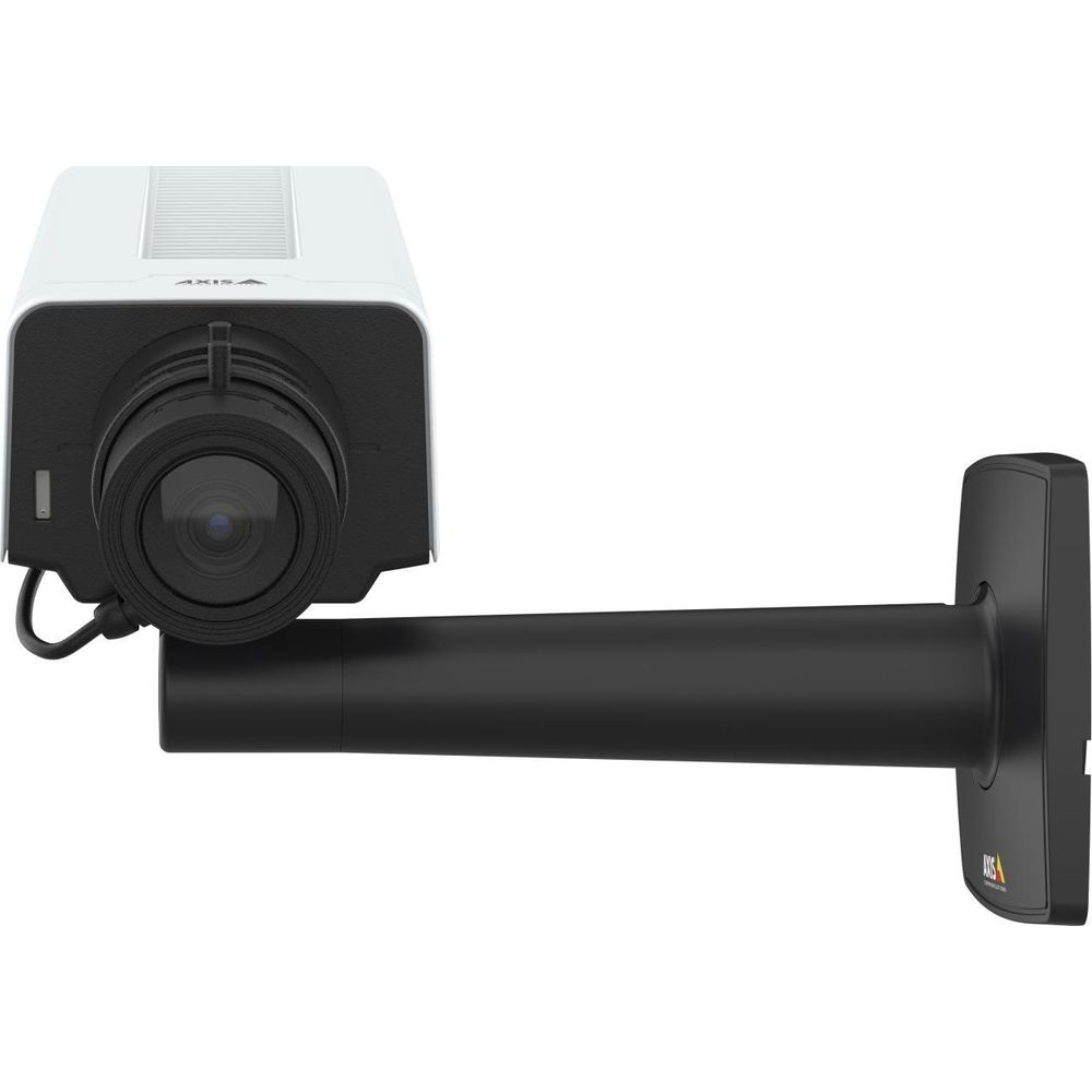 Biała kamera bezpieczeństwa z czarnym ramieniem na białym tle.