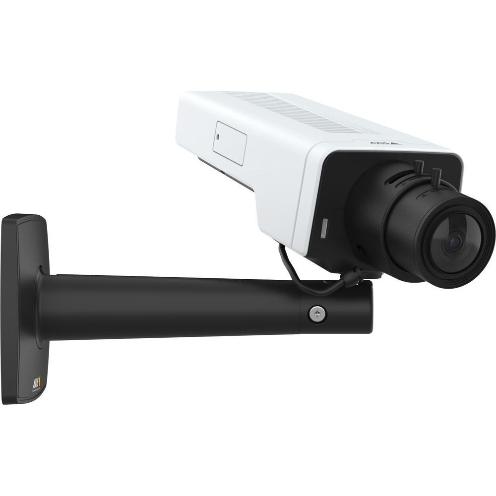 Biała kamera bezpieczeństwa z czarnym mocowaniem na białym tle.