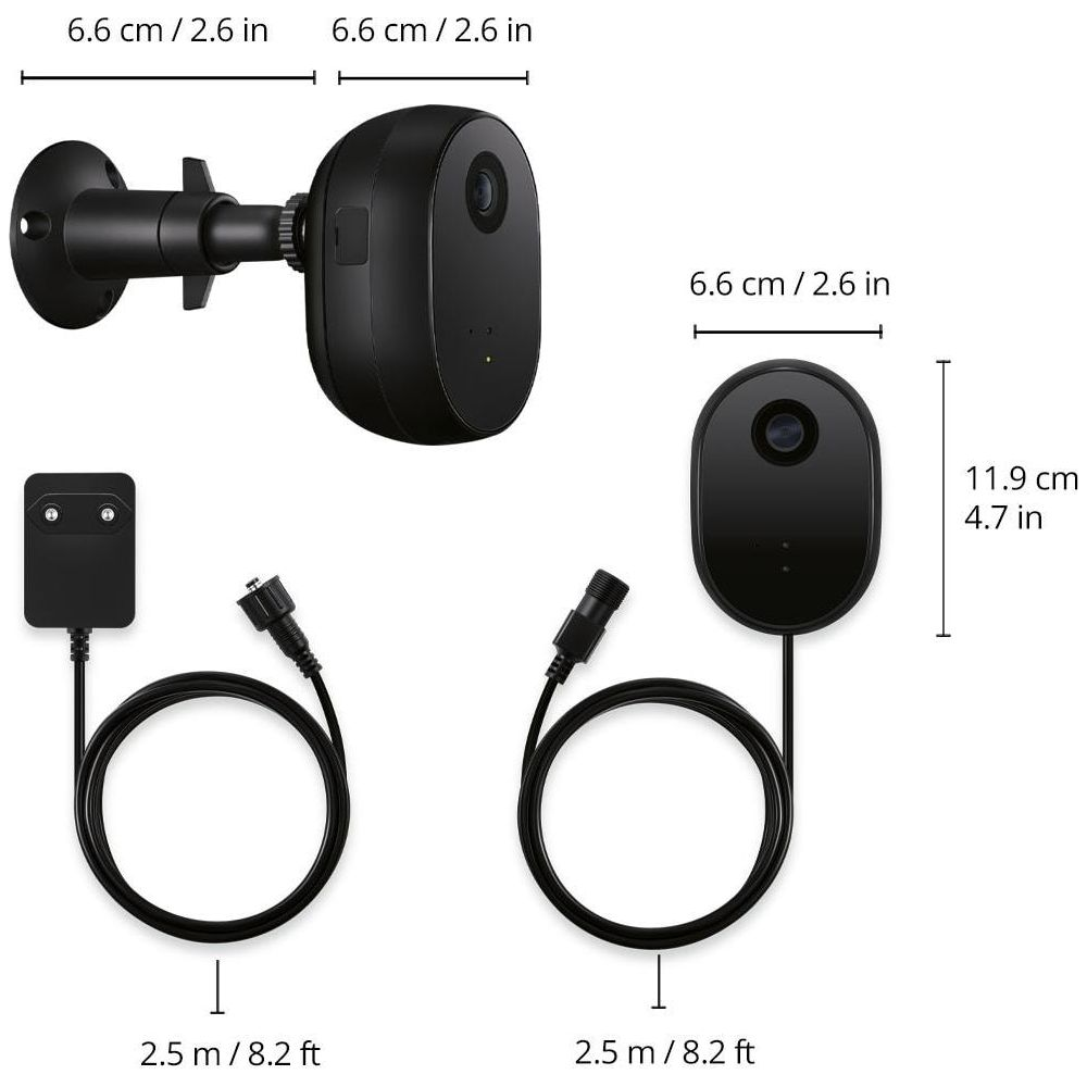 Two black cameras with cables and dimensions shown on a white background.