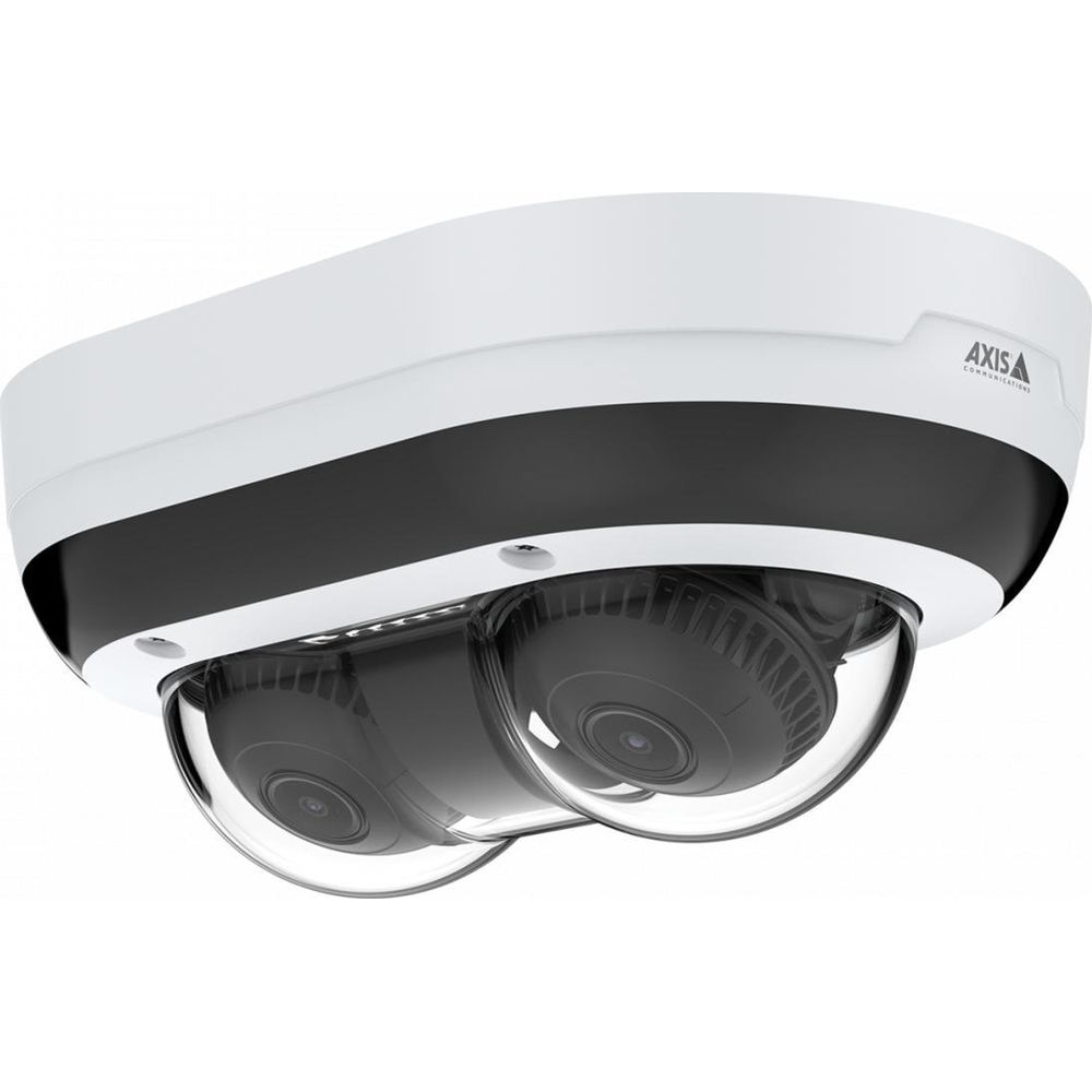 Una telecamera di sicurezza bianca e nera con due obiettivi.