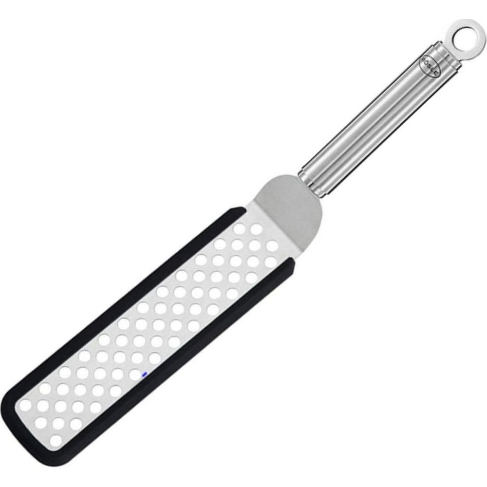 Un utensile da cucina affilato con manico in acciaio inossidabile e superficie forata.