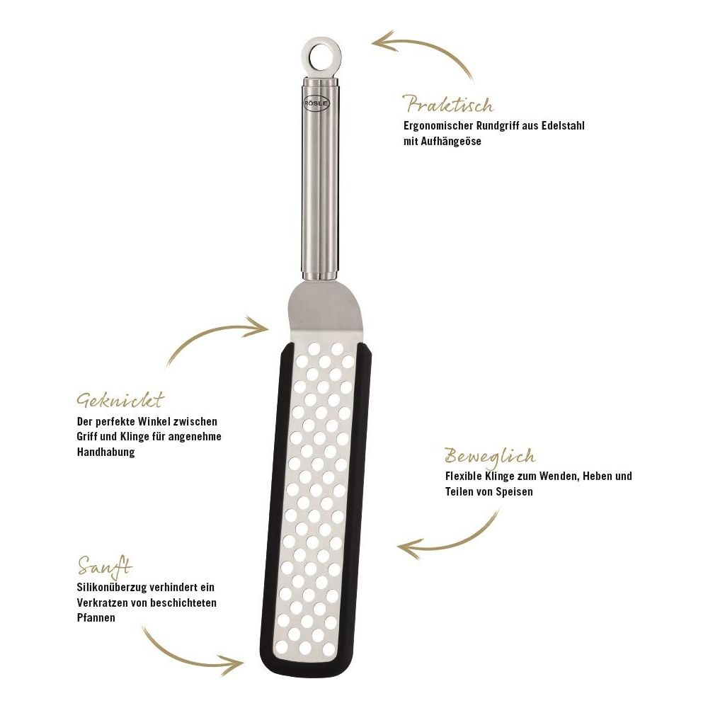 Spatola in acciaio inox forata con manico ergonomico, ideale per padelle.