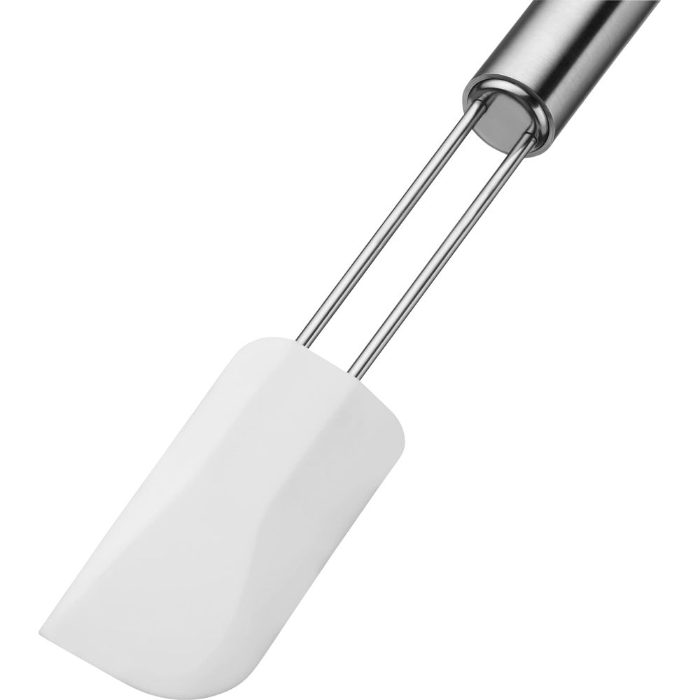 Ein weißer Silikonspatel mit zwei Metallstäben und einem Metallgriff.