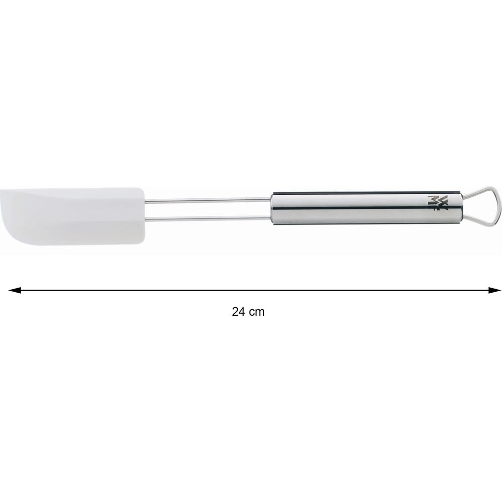 Ein weißer Silikonspatel mit Edelstahlschaft, 24 cm lang.