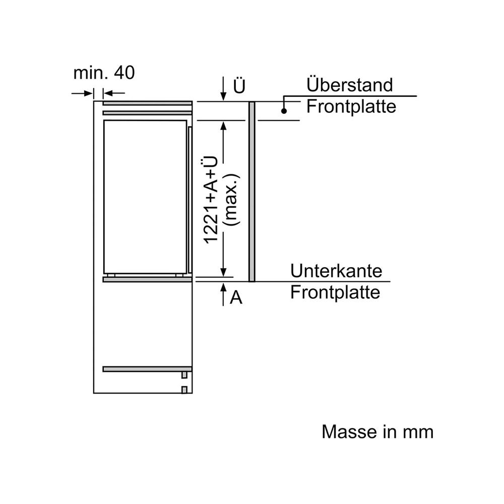 Technische Zeichnung mit Maßen für ein Gerät. Min. 40mm Abstand.