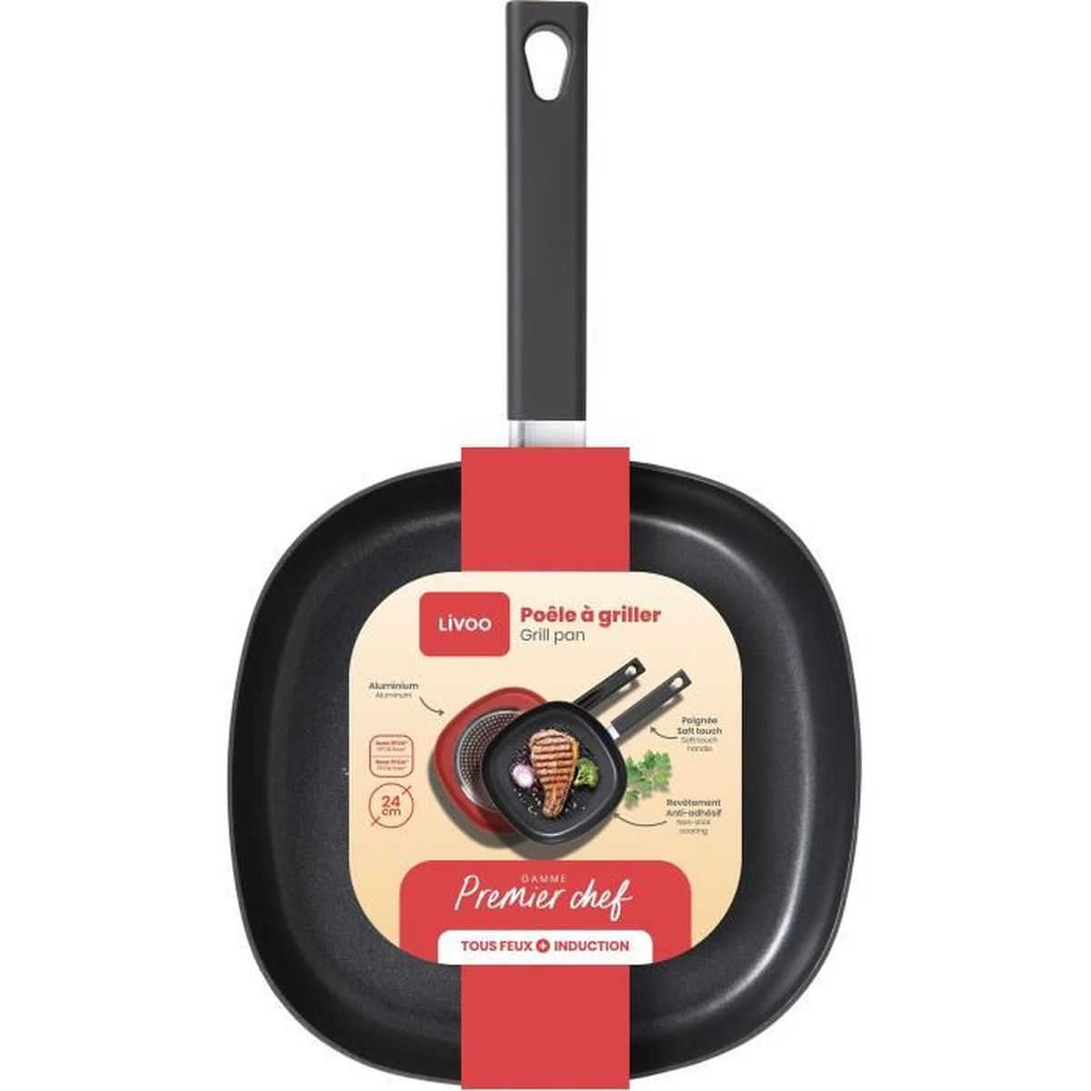 Eine schwarze Grillpfanne mit einem Griff, zwei kleinere Pfannen mit Essen.