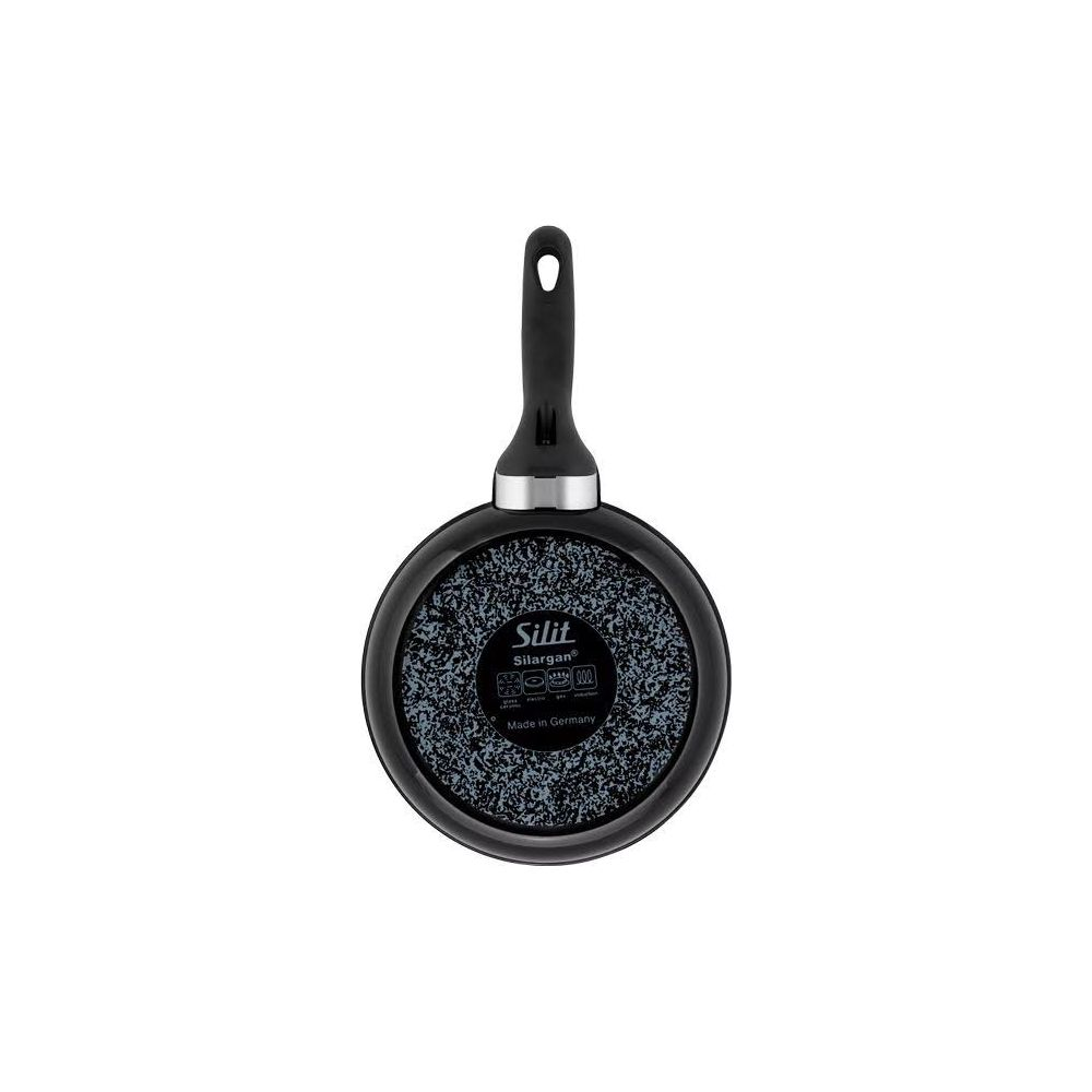 Poêle noire à motif moucheté gris et manche noir. Marque Silit.