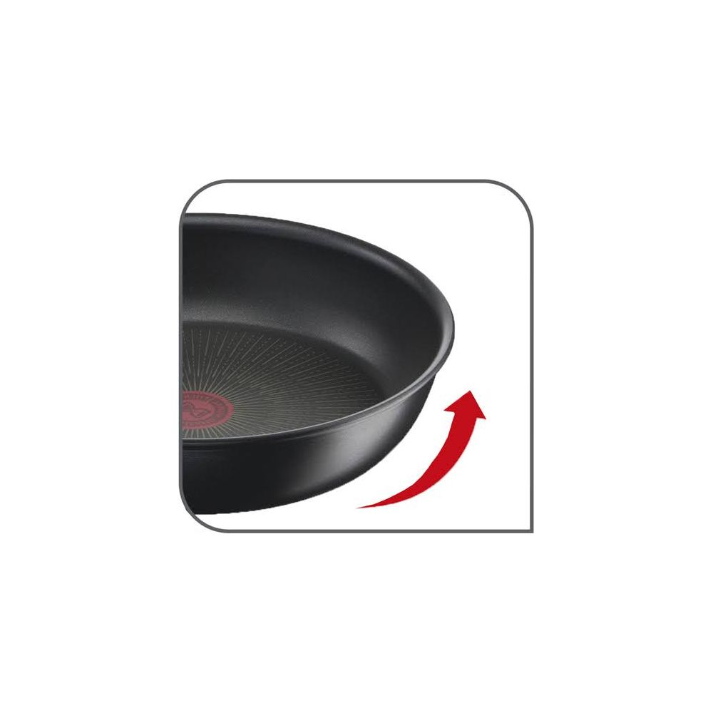 Czarna patelnia z czerwonym wskaźnikiem temperatury i strzałką.