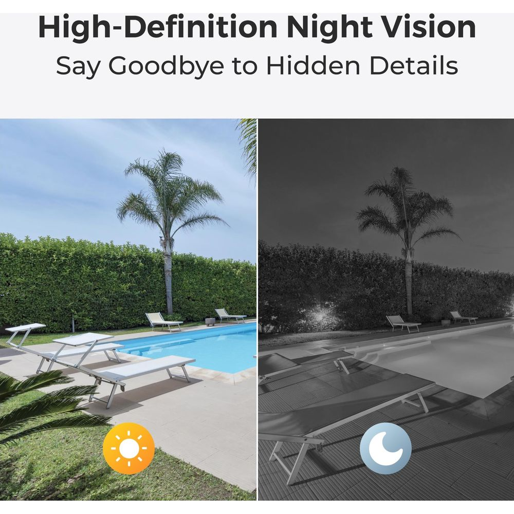 Confronto telecamera sicurezza giorno vs notte, con piscina e lettini.