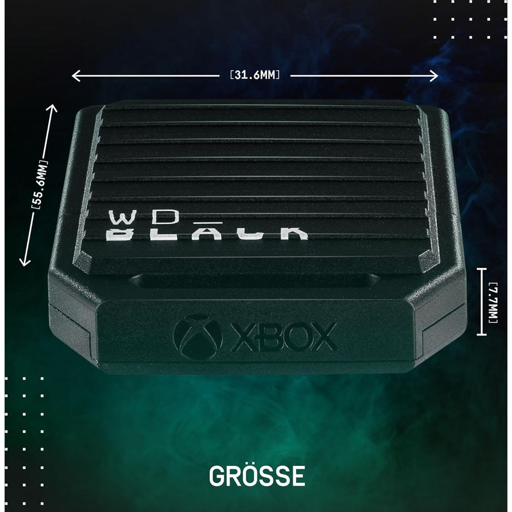 Schwarze WD BLACK Xbox Festplatte mit Maßen.