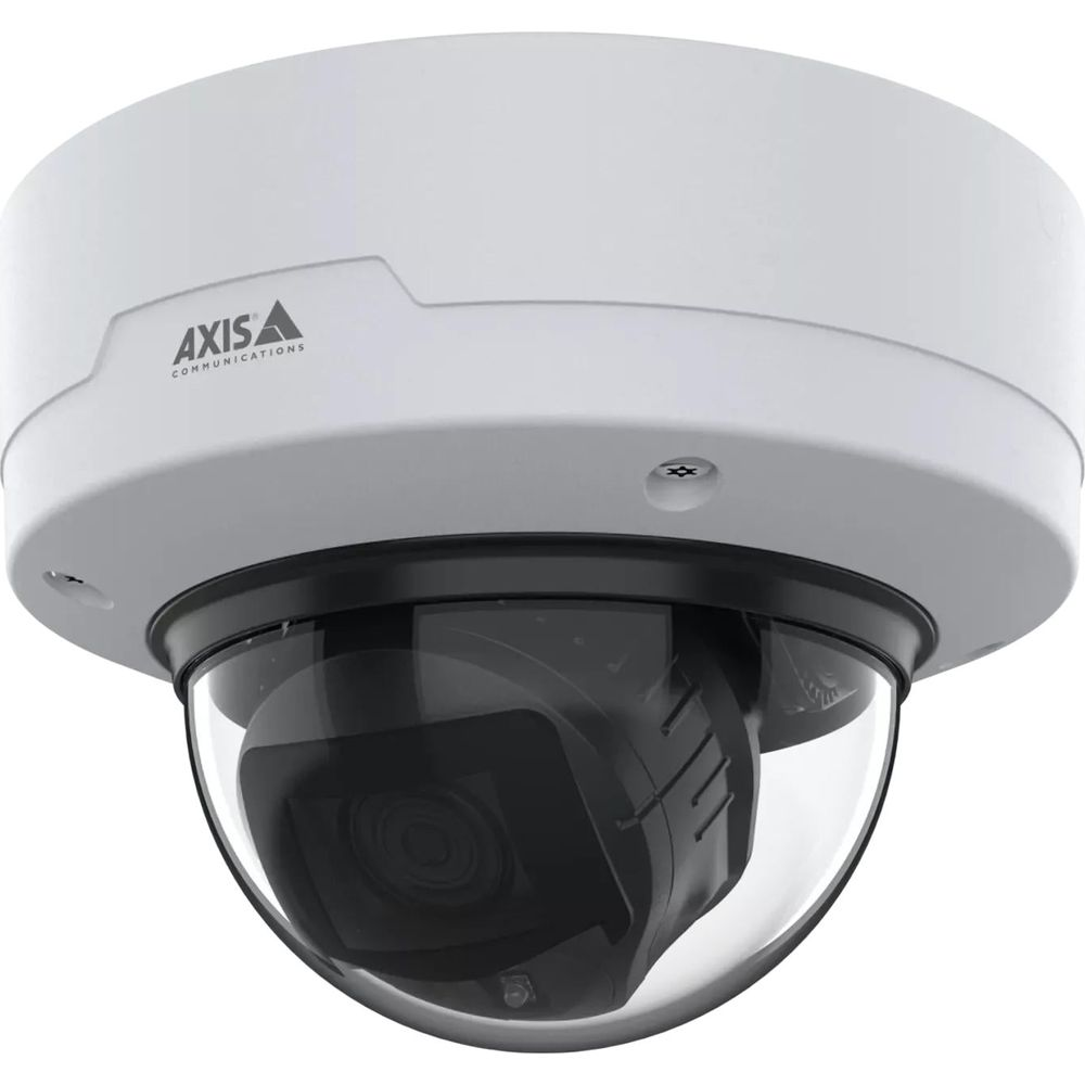 Telecamera di sicurezza bianca a cupola con obiettivo nero e logo Axis.