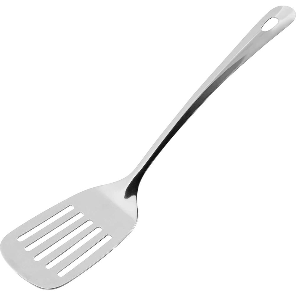 Una spatola argentata con fessure e un foro nel manico.