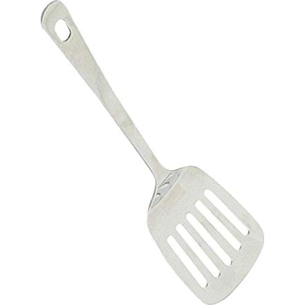Un elegante utensile da cucina argentato con fessure e un foro nel manico.