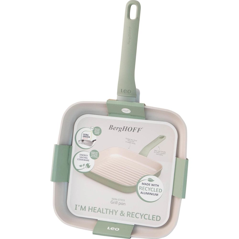 A square BergHOFF grill pan with a light green handle. It is non-stick.
