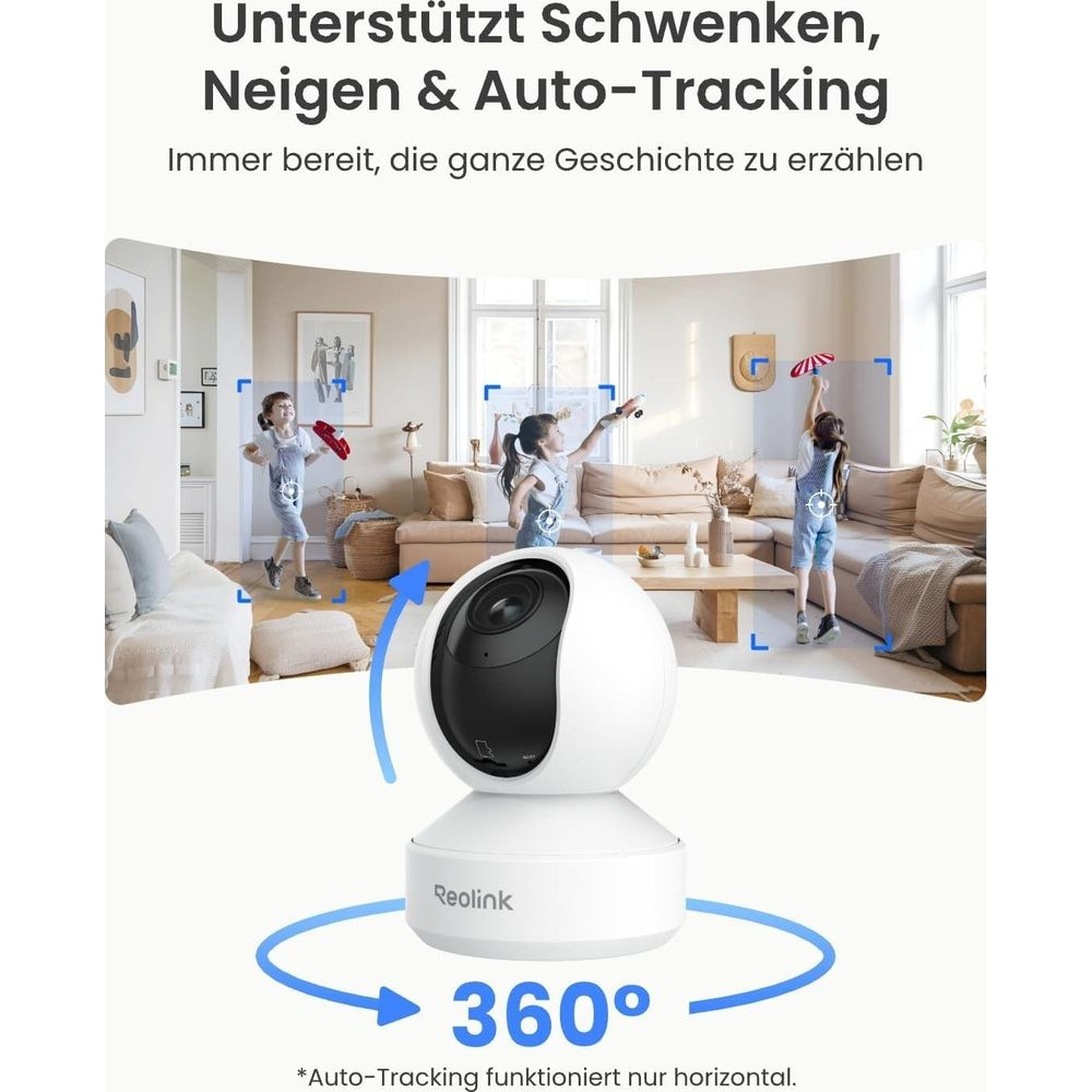 A white 360-degree security monitor in the foreground, with children playing in the background.