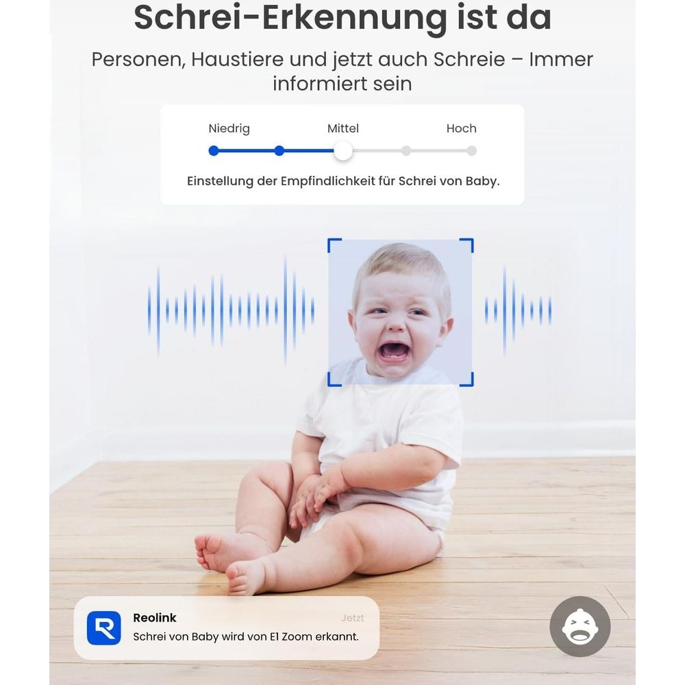 A baby cries, with sound waves and sensitivity settings displayed.