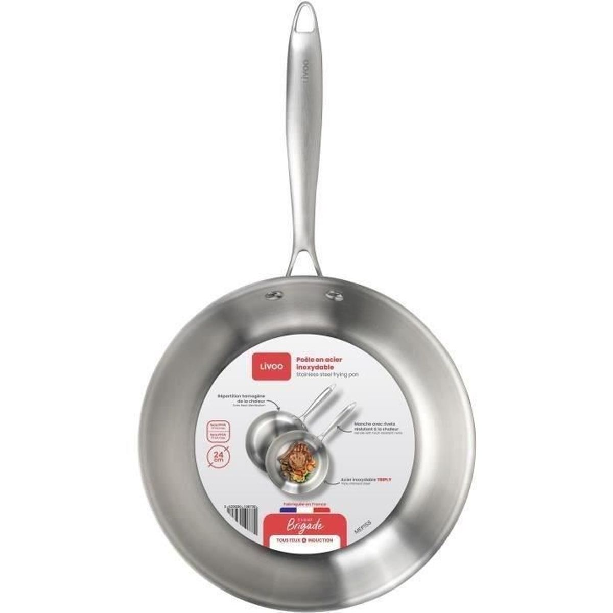 Edelstahlpfanne mit Griff, 24 cm Durchmesser, für alle Herdarten.