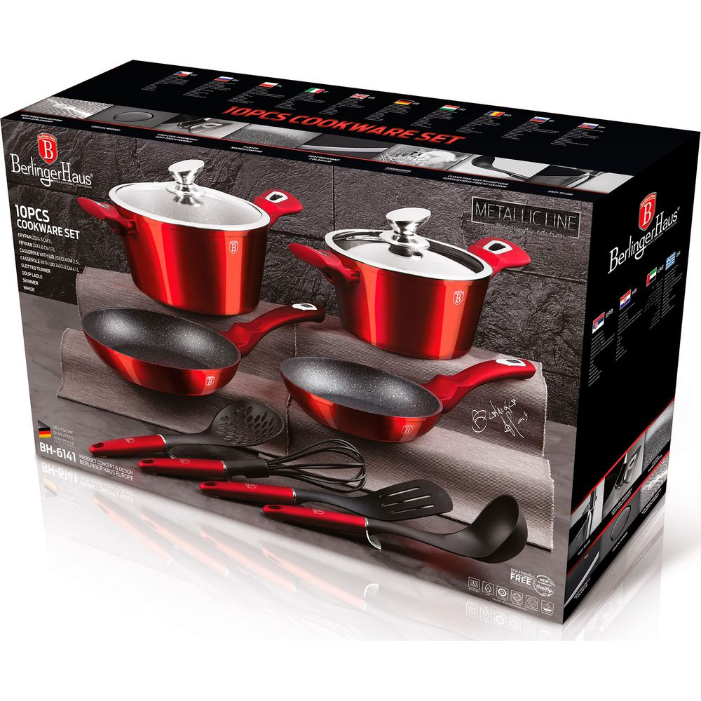 Un juego de utensilios de cocina rojos con tapas y utensilios de cocina.