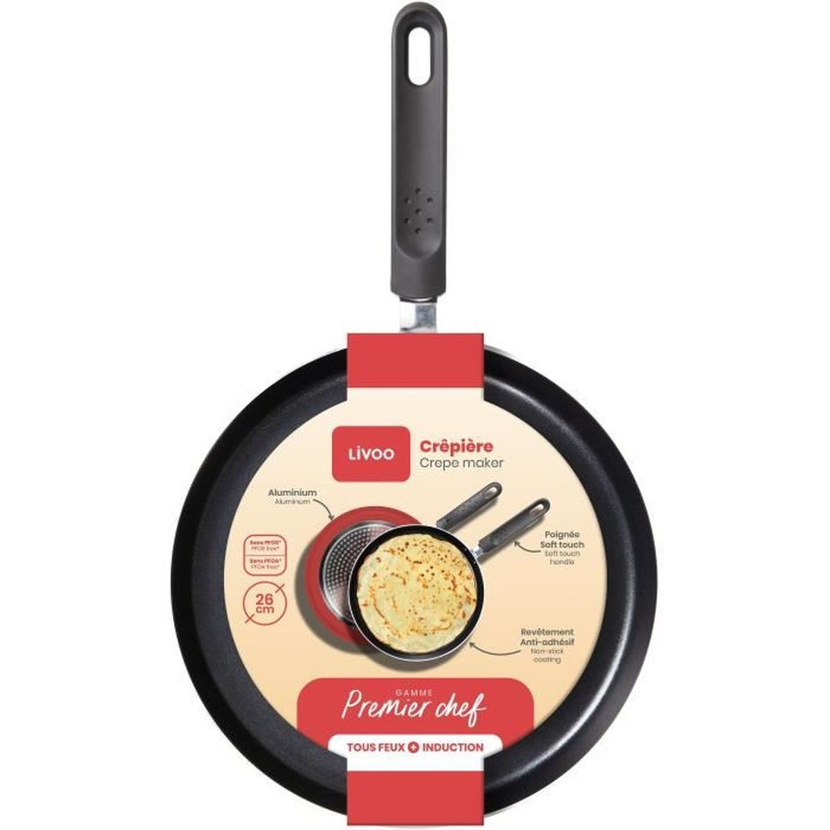 Eine Livoo Crêpière mit 26 cm Durchmesser und einem fertigen Crêpe.