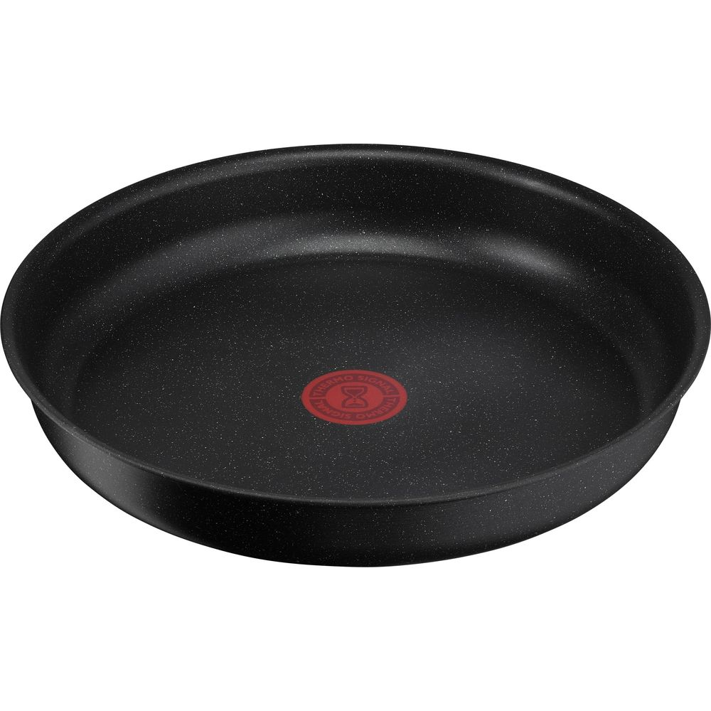 Schwarze Bratpfanne mit rotem Thermo-Signal-Symbol in der Mitte.