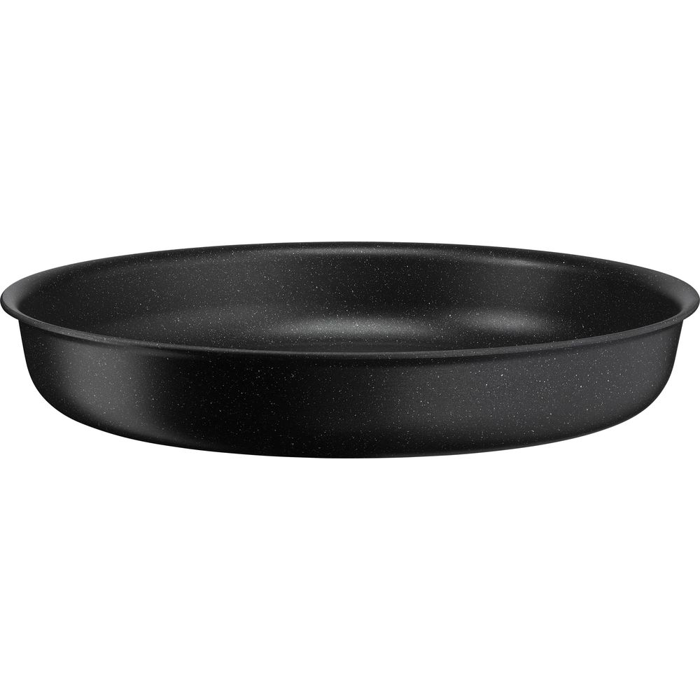 Schwarze Pfanne mit gesprenkeltem Muster.