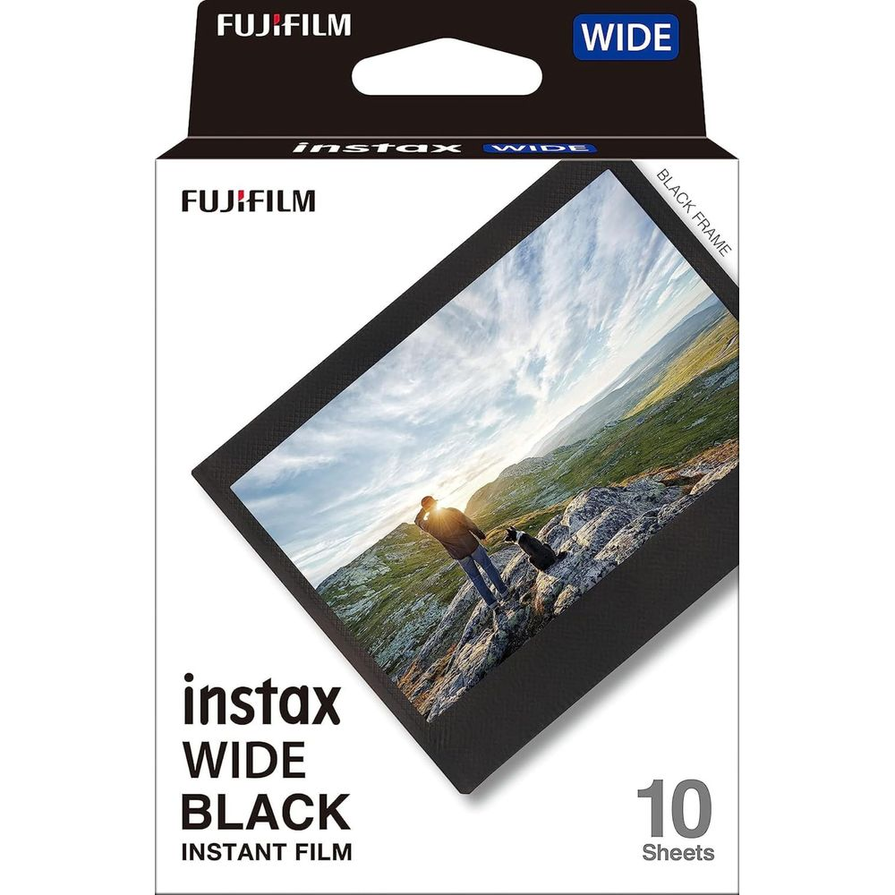 Fujifilm Instax Wide Black Sofortbildfilm-Schachtel mit Foto eines Menschen und Hundes auf Berg.