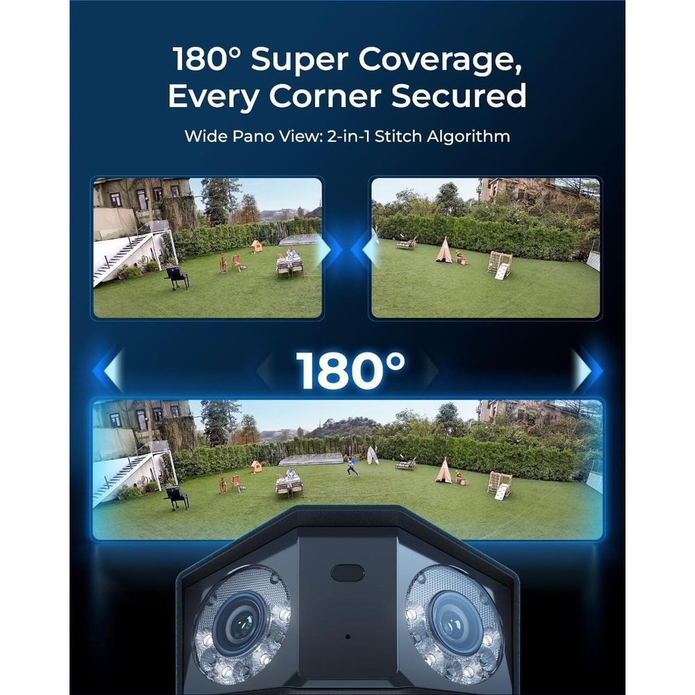 Dwie kamery pokazują podwórko z zabawkami i namiotem z dwóch perspektyw.