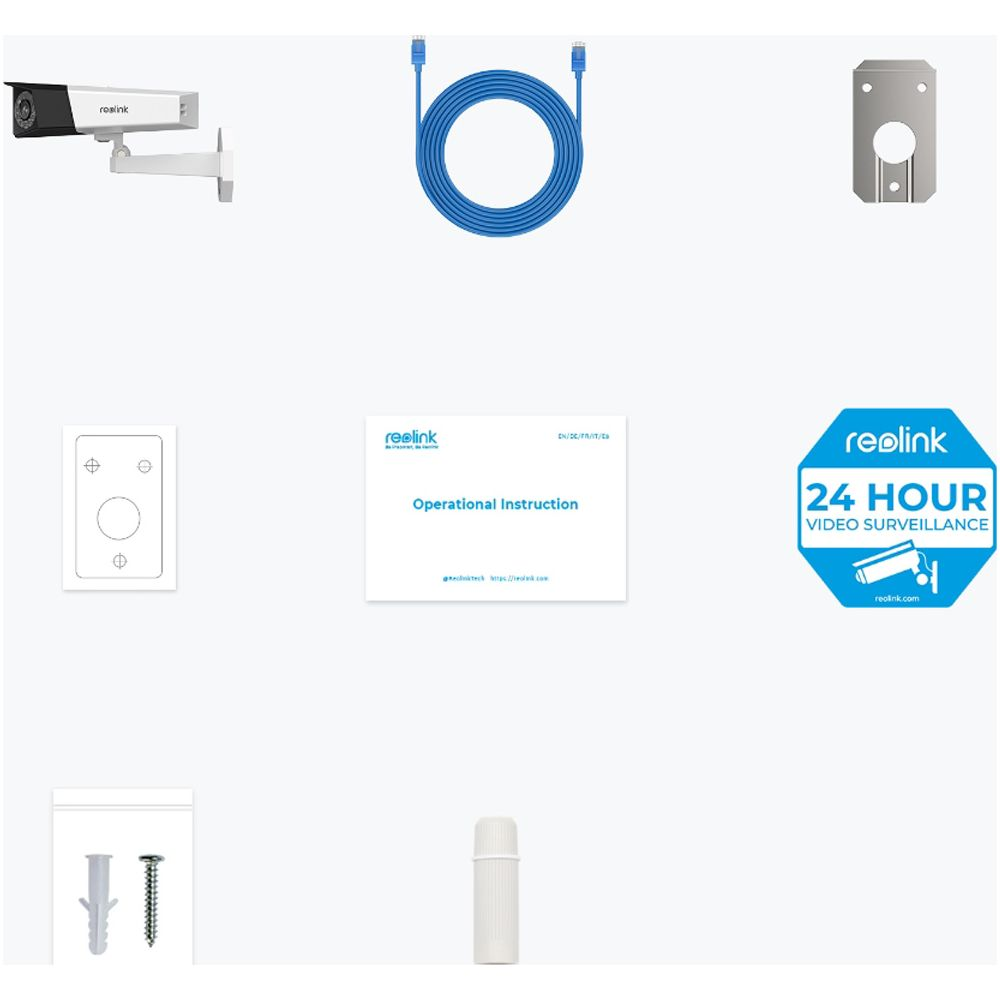 Kamera bezpieczeństwa i akcesoria: kamera, kabel, uchwyt, instrukcja, naklejka, kołki i śruby.